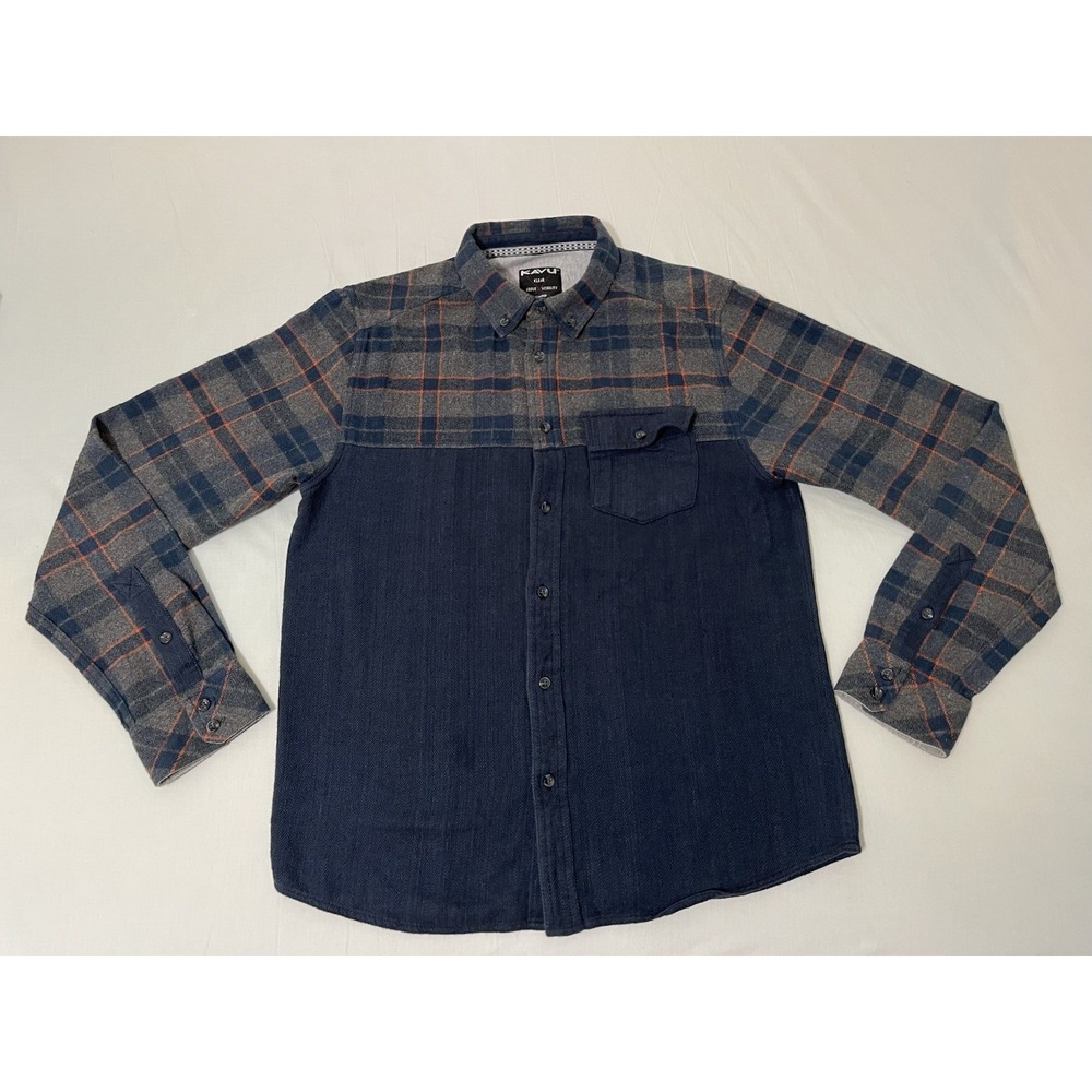 KAVU Navy Blue Plaid Long Sleeve Button-Up‎ Outdoor Flannel Shirt Medium